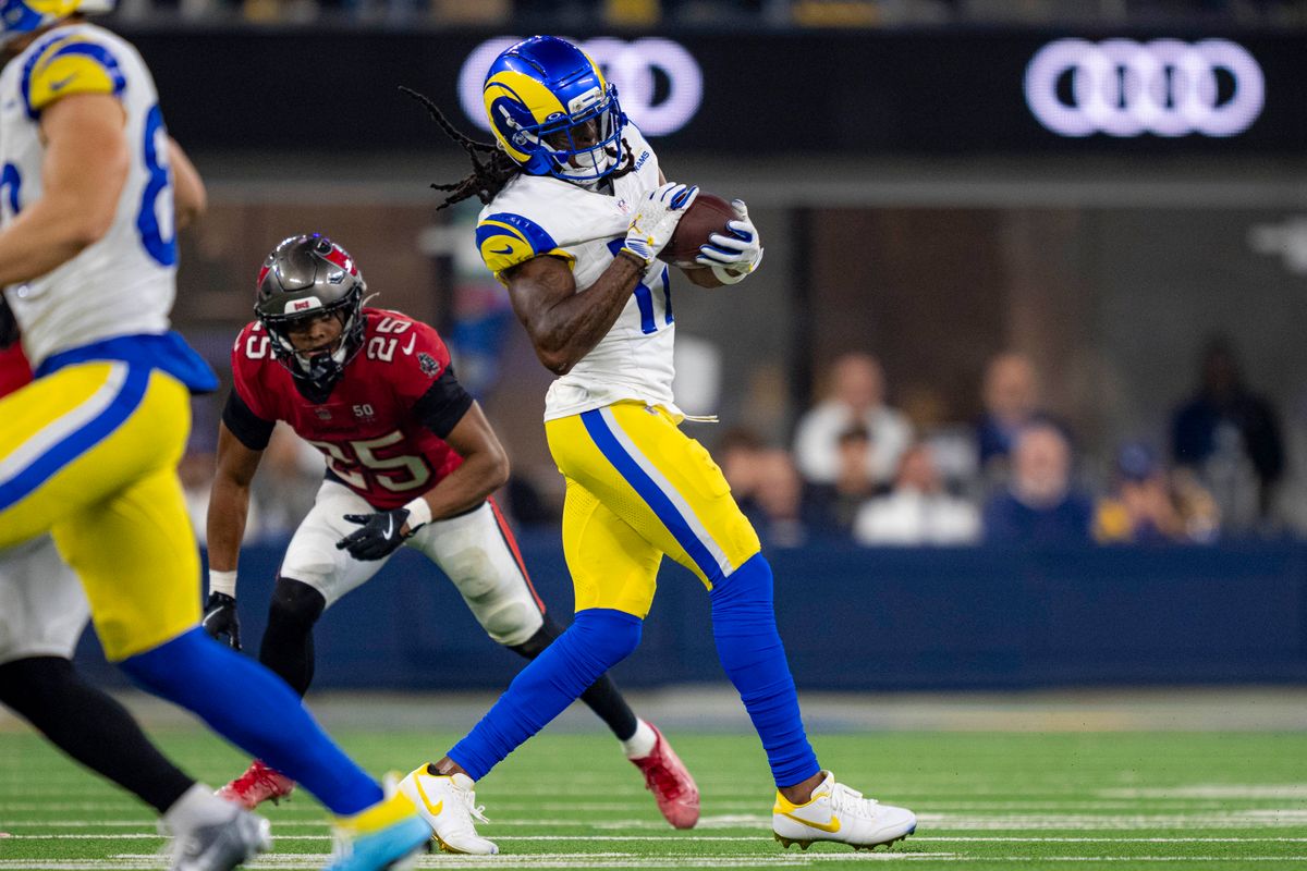 Los Angeles Rams wide receiver, Davantae Adams (17) makes a reception during an NFL football game against the Tampa Bay Buccaneers on November 23, 2025 in Los Angeles, CA.