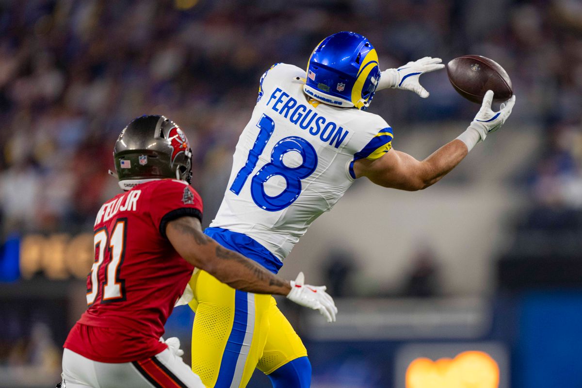 Los Angeles Rams tight end, Terrance Ferguson (18) makes a catch during an NFL football game against the Tampa Bay Buccaneers on November 23, 2025 in Los Angeles, CA.