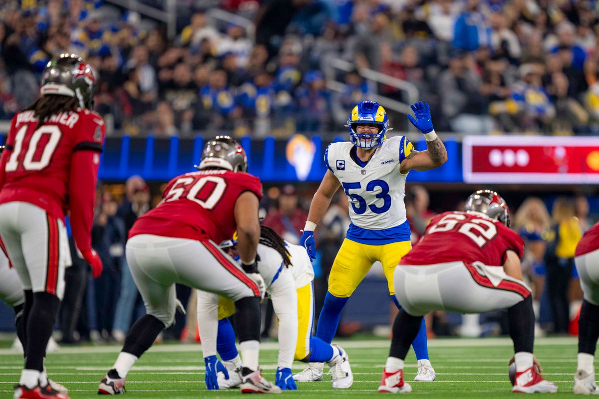Los Angeles Rams linebacker, Nate Landman (53) signals to the defense during an NFL football game against the Tampa Bay Buccaneers on November 23, 2025 in Los Angeles, CA.
