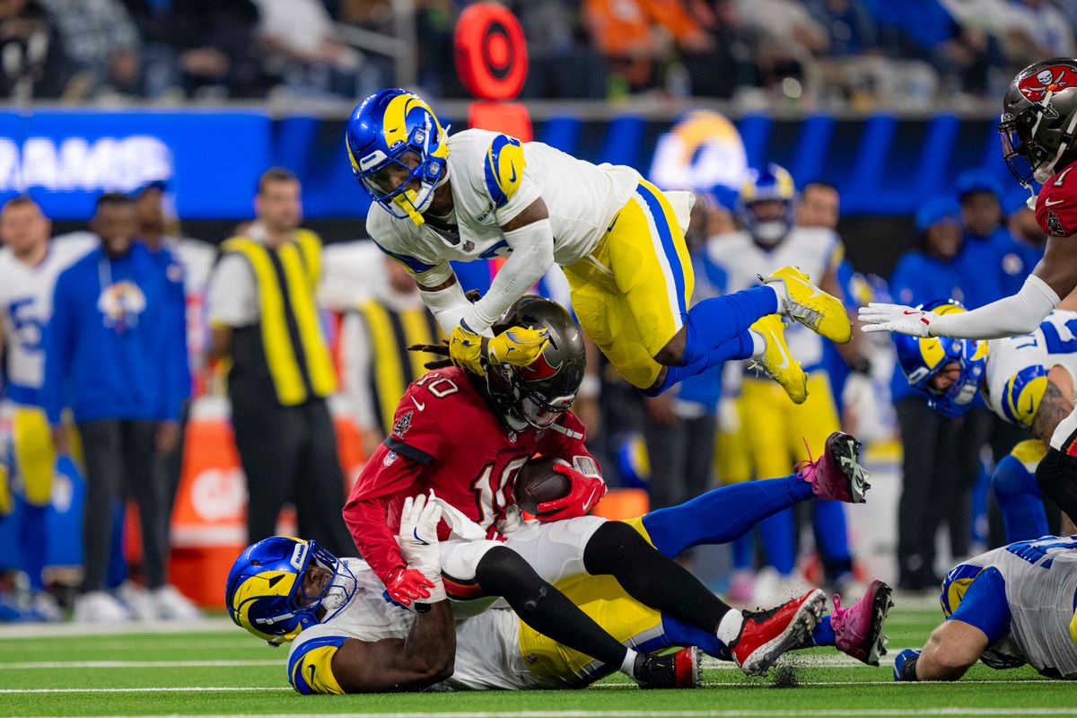 Tampa Bay Buccaneers backup quarterback, Teddy Bridgewater (10) is sacked during an NFL football game against the Los Angeles Rams on November 23, 2025 in Los Angeles, CA.