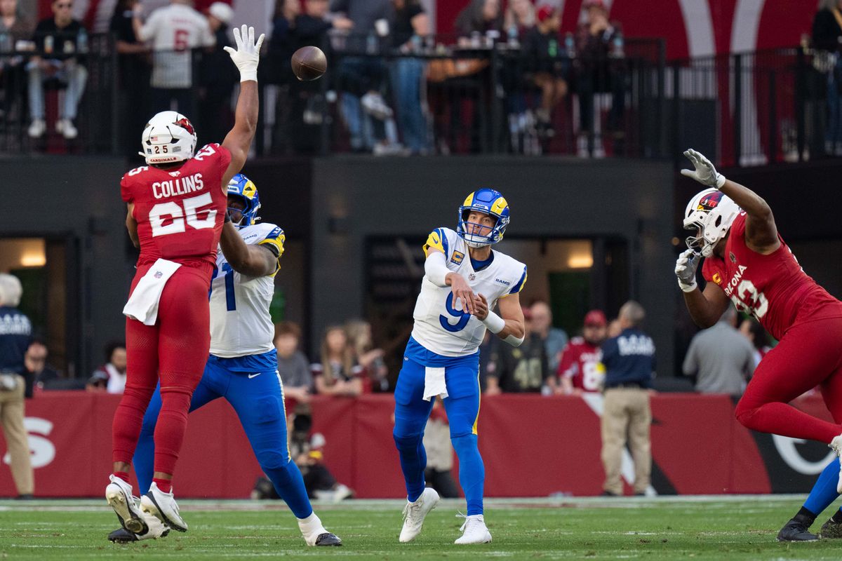 Los Angeles Rams quarterback Matthew Stafford (9) throws a pass during an NFL football game against the Arizona Cardinals on Sunday, Dec. 7, 2025, in Glendale, AZ.