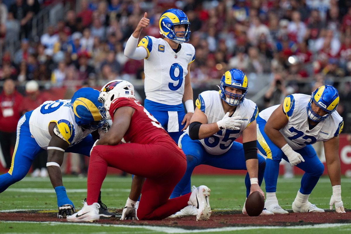 Los Angeles Rams quarterback Matthew Stafford (9) calls an audible during an NFL football game against the Arizona Cardinals on Sunday, Dec. 7, 2025, in Glendale, AZ.