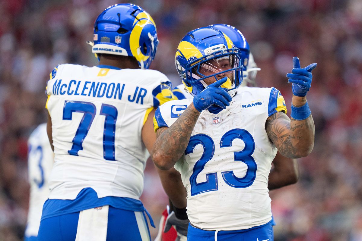 Los Angeles Rams running back Kyren Williams (23) celebrates a first down during an NFL football game against the Arizona Cardinals on Sunday, Dec. 7, 2025, in Glendale, AZ.
