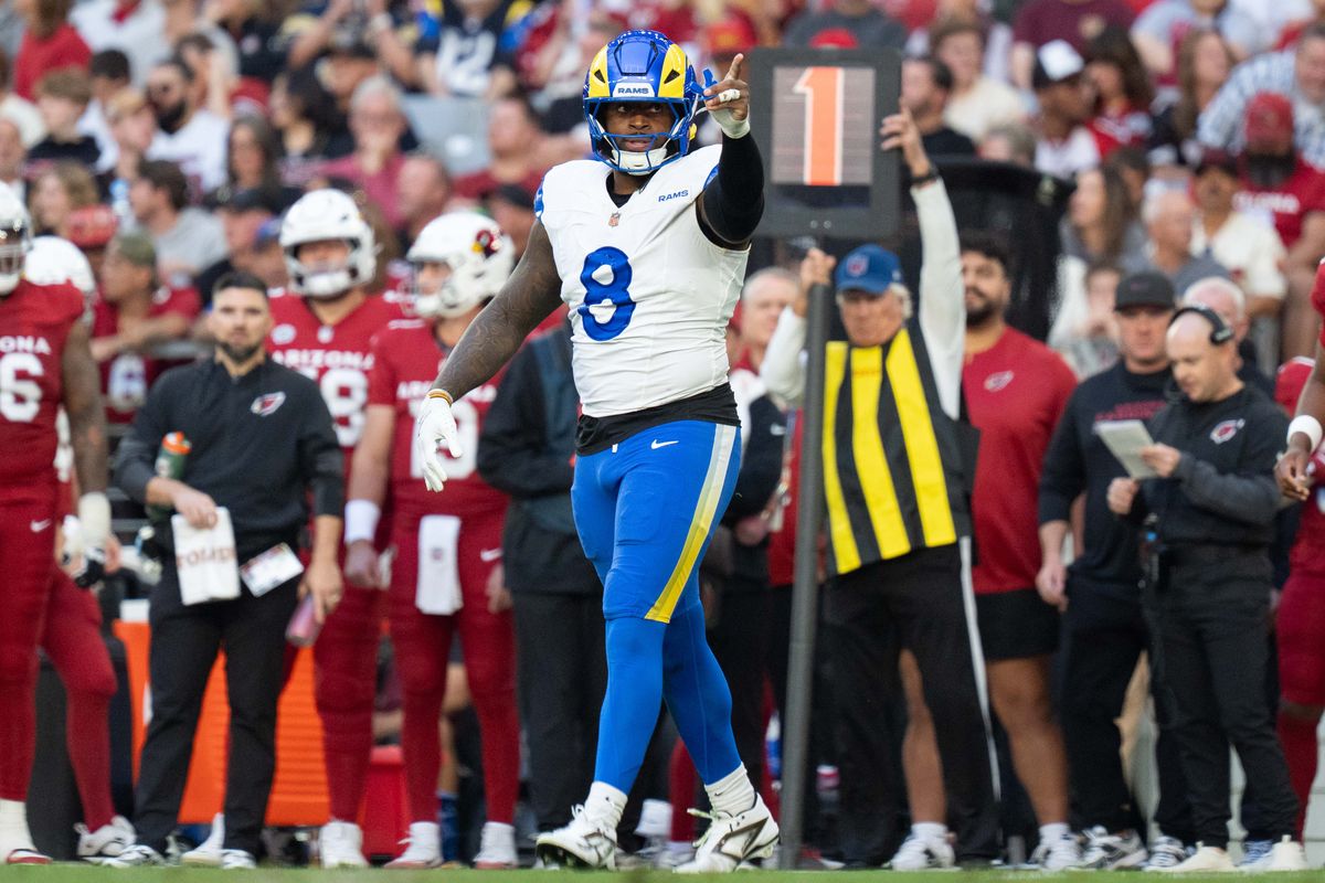 Los Angeles Rams linebacker Jared Verse (8) celebrates a tackle during an NFL football game against the Arizona Cardinals on Sunday, Dec. 7, 2025, in Glendale, AZ.