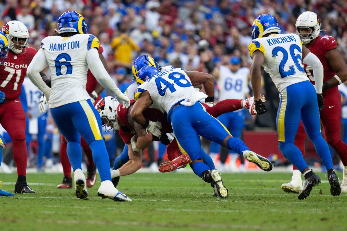 Los Angeles Rams linebacker Omar Speights (48) tackles a player during an NFL football game against the Arizona Cardinals on Sunday, Dec. 7, 2025, in Glendale, AZ.
