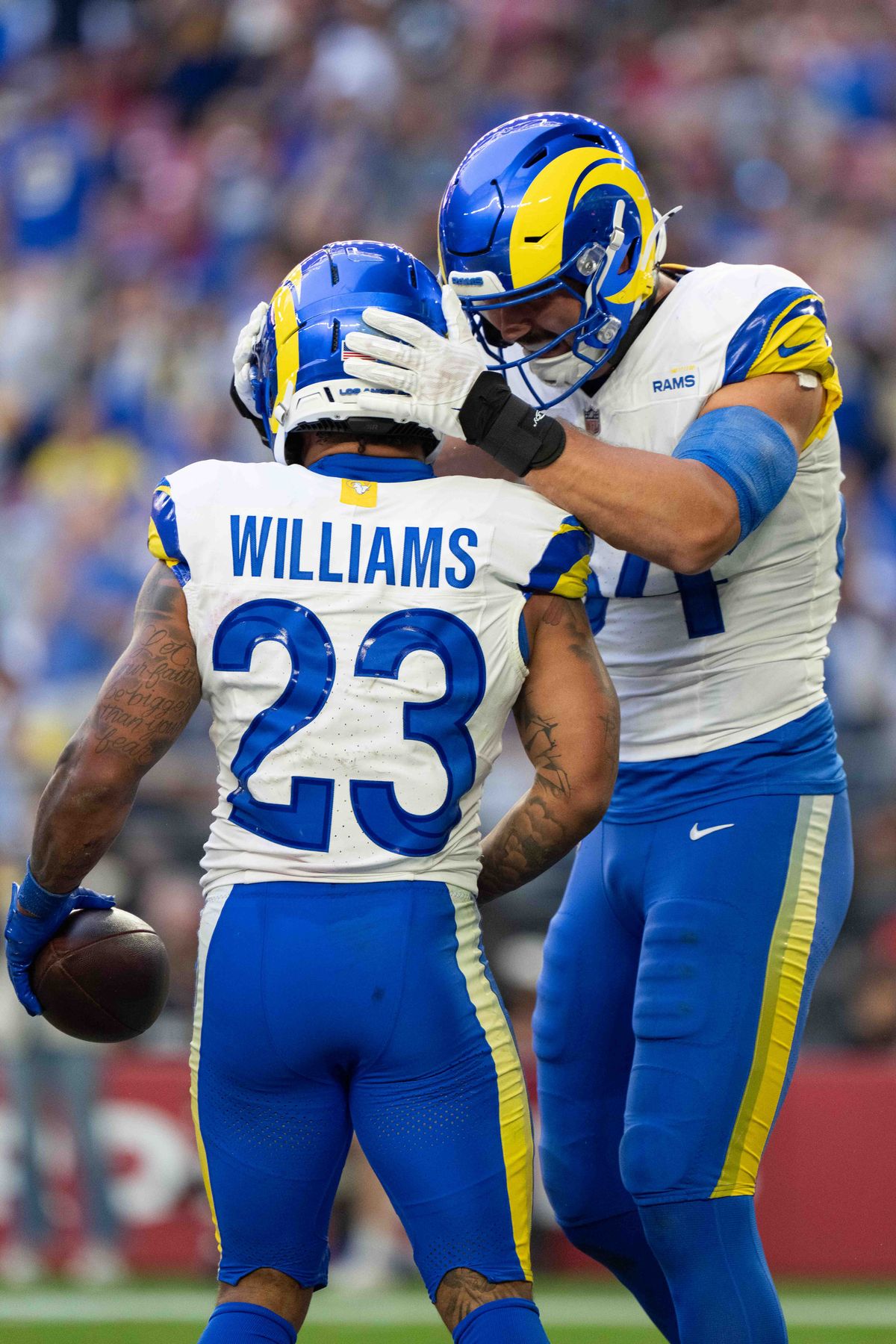Los Angeles Rams running back Kyren Williams (23) celebrates a touchdown during an NFL football game against the Arizona Cardinals on Sunday, Dec. 7, 2025, in Glendale, AZ.