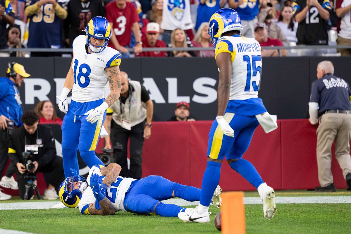 Los Angeles Rams running back Blake Corum (22) performs a touchdown celebration during an NFL football game against the Arizona Cardinals on Sunday, Dec. 7, 2025, in Glendale, AZ.