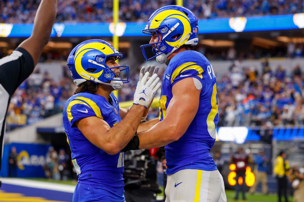 Los Angeles Rams wide receiver Puka Nacua (12) celebrates in the end zone with Los Angeles Rams tight end Colby Parkinson (84) during a NFL game against the Detroit Lions on December 15, 2025 at Sofi Stadium in Inglewood, CA.