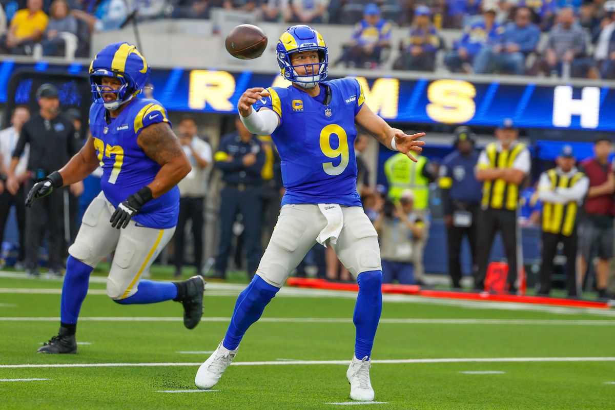 Los Angeles Rams quarterback Matthew Stafford (9) throws the ball for a gain during a NFL game against the Detroit Lions on December 15, 2025 at Sofi Stadium in Inglewood, CA.