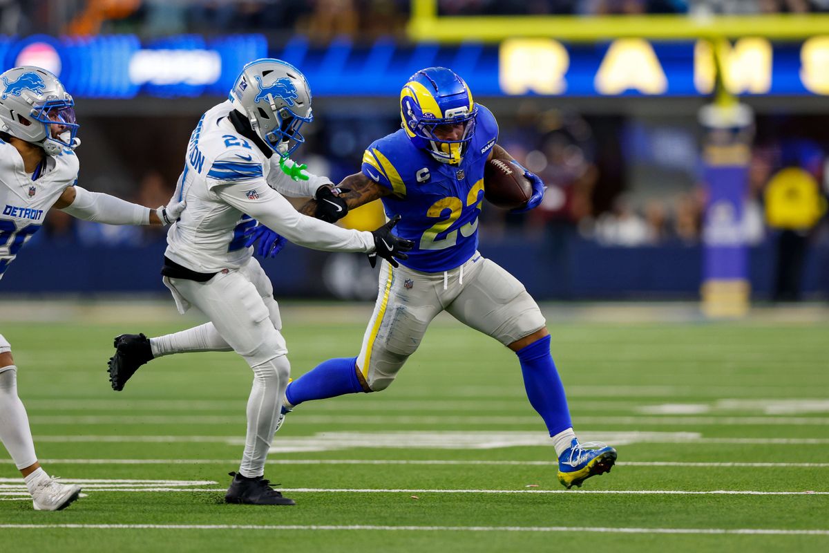 Los Angeles Rams running back Kyren Williams (23) runs the ball for gain during a NFL game against the Detroit Lions on December 15, 2025 at Sofi Stadium in Inglewood, CA.