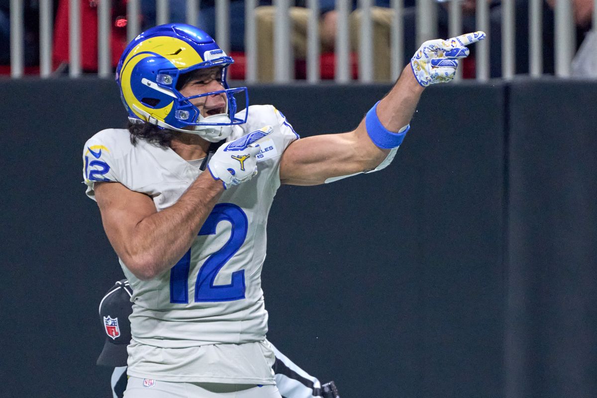 Los Angeles Rams wide receiver Puka Nacua (12) celebrates after a play during an NFL football game against the Atlanta Falcons, on Monday, December 29, 2025 in Atlanta, Geor.