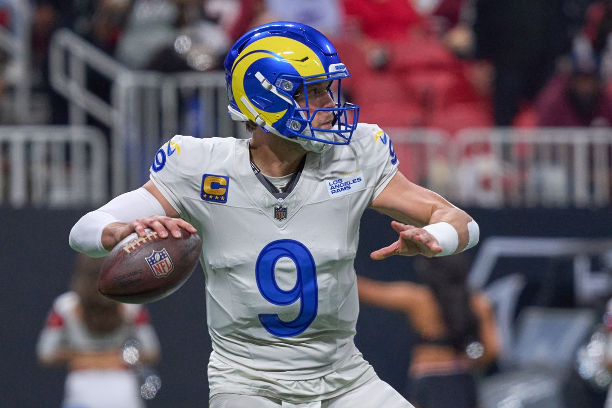 Los Angeles Rams quarterback Matthew Stafford (9) throws the football during an NFL football game against the Atlanta Falcons, on Monday, December 29, 2025 in Atlanta, Geor.