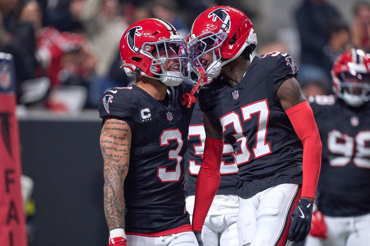 Atlanta Falcons safety Jessie Bates III (3) celebrates with teammates after intercepting the football during an NFL football game against the Los Angeles Rams, on Monday, December 29, 2025 in Atlanta, Geor.       