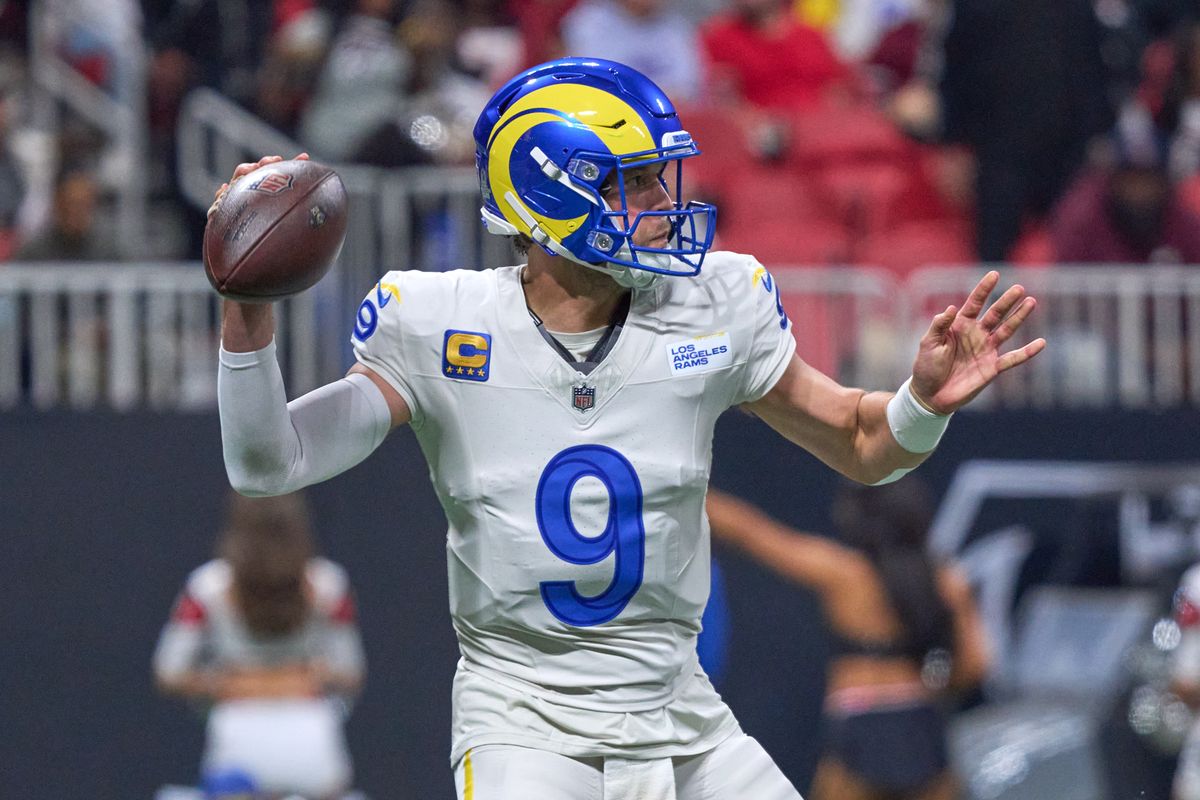 Los Angeles Rams quarterback Matthew Stafford (9) throws the football during an NFL football game against the Atlanta Falcons, on Monday, December 29, 2025 in Atlanta, Geor.          