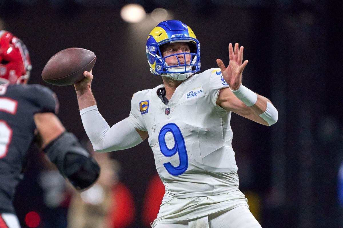 Los Angeles Rams quarterback Matthew Stafford (9) throws the football during an NFL football game against the Atlanta Falcons, on Monday, December 29, 2025 in Atlanta, Geor.          