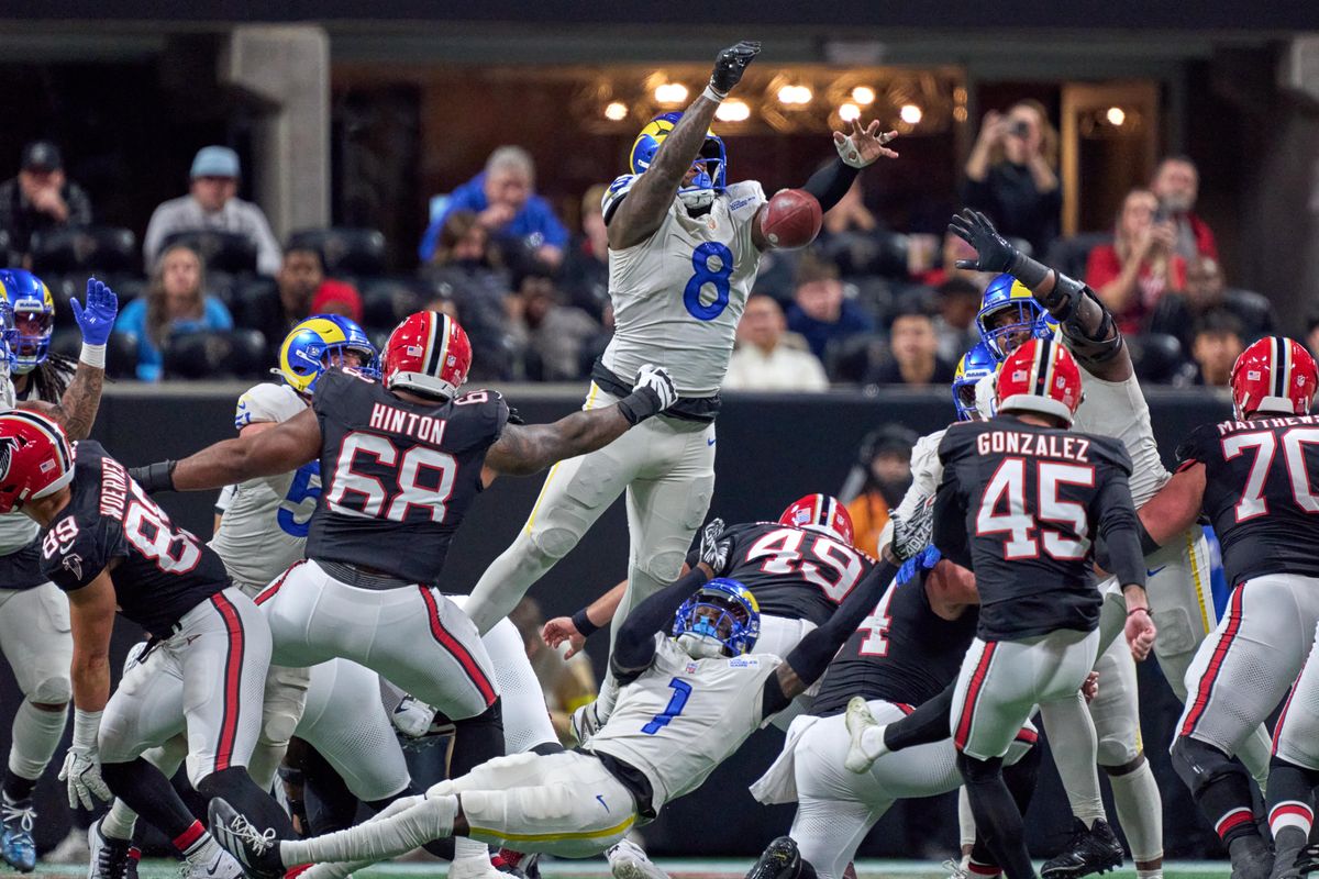 Los Angeles Rams linebacker Jared Verse (8) blocks a field goal during an NFL football game against the Atlanta Falcons, on Monday, December 29, 2025 in Atlanta, Geor.                      