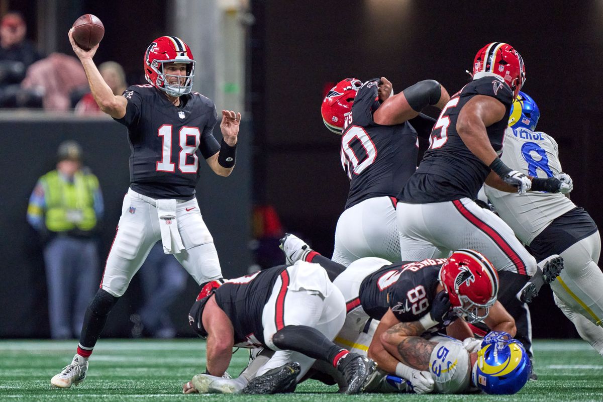 Atlanta Falcons quarterback Kirk Cousins (18) throws the football during an NFL football game against the Los Angeles Rams, on Monday, December 29, 2025 in Atlanta, Geor.       