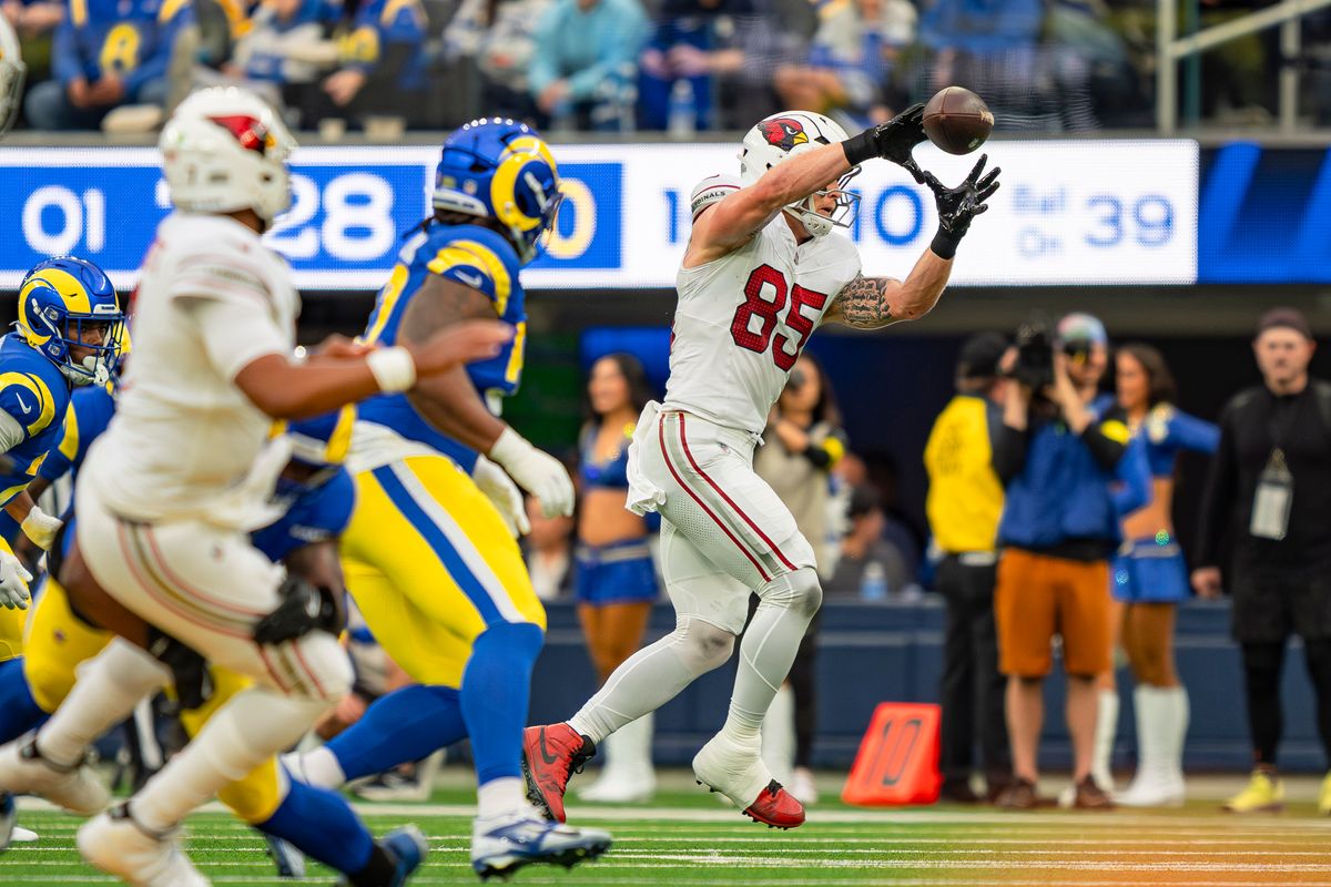 Arizona Cardinals tight end Trey McBride (85) catching a pass during an NFL football game against the Los Angeles Rams on January 4th, 2026 in Los Angeles, CA.