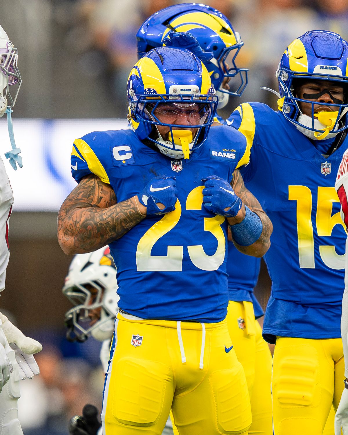 Los Angeles Rams running back Kyren Williams (23) celebrating a first down run during an NFL football game against the Arizona Cardinals on January 4th, 2026 in Los Angeles, CA.