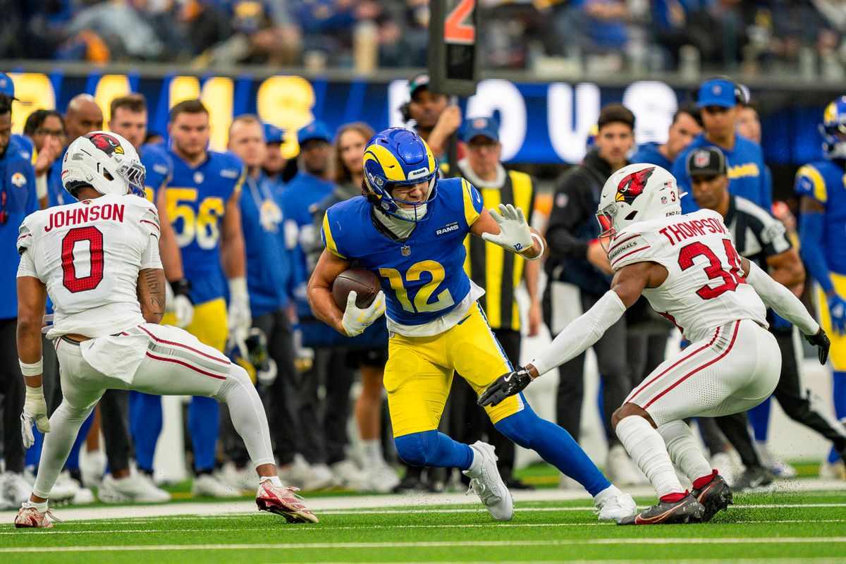Los Angeles Rams wide receiver Puka Nacua (12) running after a catch during an NFL football game against the Arizona Cardinals on January 4th, 2026 in Los Angeles, CA.