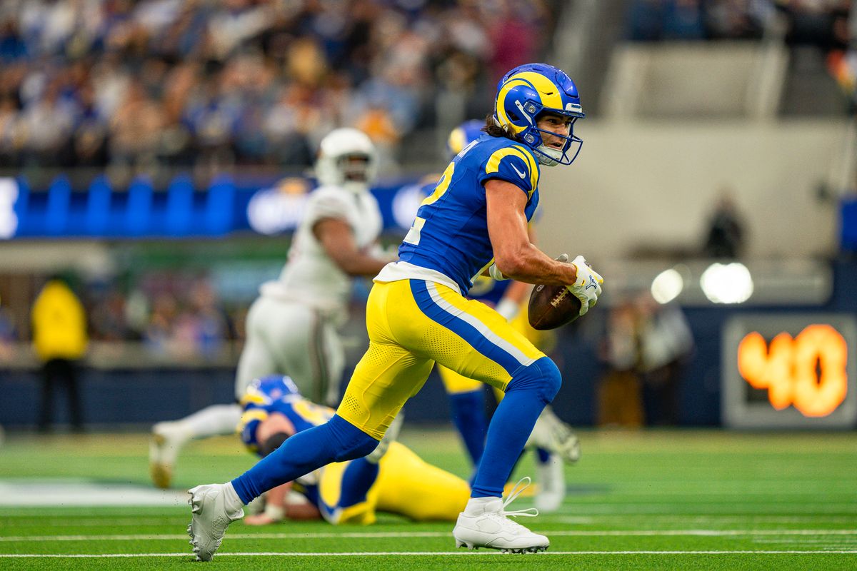 Los Angeles Rams wide receiver Puka Nacua (12) runs after making a catch during an NFL football game against the Arizona Cardinals on January 4th, 2026 in Los Angeles, CA.