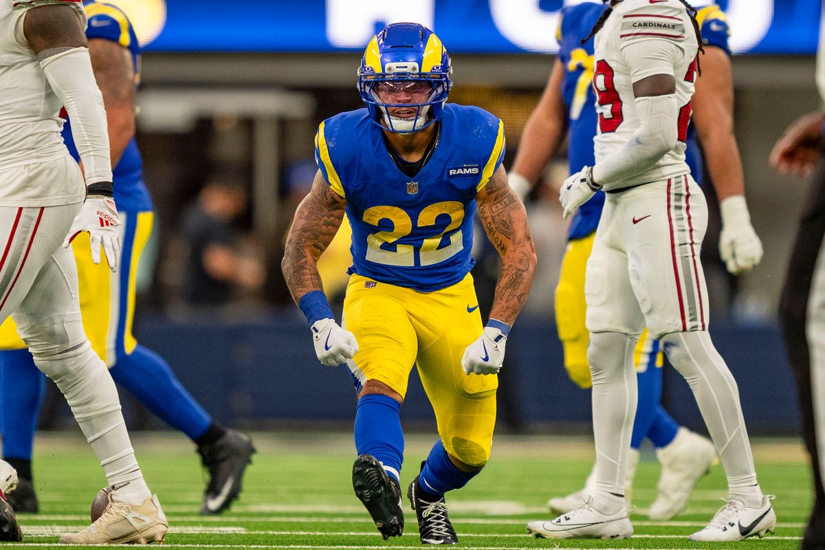 Los Angeles Rams running back Blake Corum (22) celebrates a long first down run during an NFL football game against the Arizona Cardinals on January 4th, 2026 in Los Angeles, CA.
