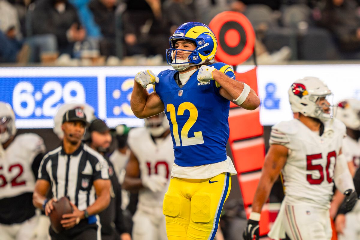 Los Angeles Rams wide receiver Puka Nacua (12) celebrates a first down catch during an NFL football game against the Arizona Cardinals on January 4th, 2026 in Los Angeles, CA.