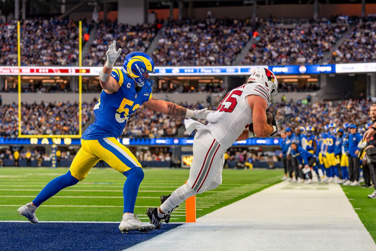 Arizona Cardinals tight end Josiah Deguara (45) toe-tapping for a catch resulting in a touchdown during an NFL football game against the Los Angeles Rams on January 4th, 2026 in Los Angeles, CA.