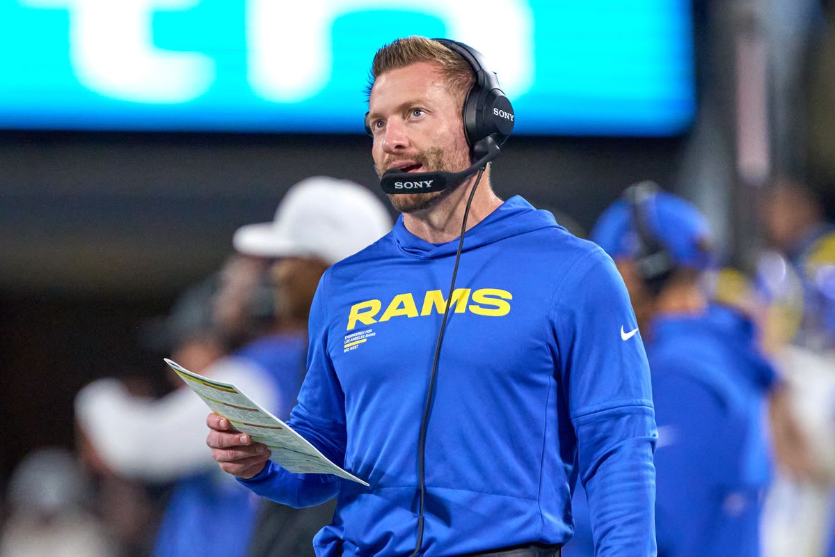 Los Angeles Rams head coach Sean McVay looks on during an NFL Wildcard football game against the Carolina Panthers, on Saturday, January 10, 2026 in Charlotte, North Carolina.             