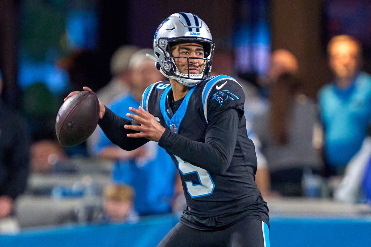 Carolina Panthers quarterback Bryce Young #9 throws the football during an NFL Wildcard football game against the Los Angeles Rams, on Saturday, January 10, 2026 in Charlotte, North Carolina.      