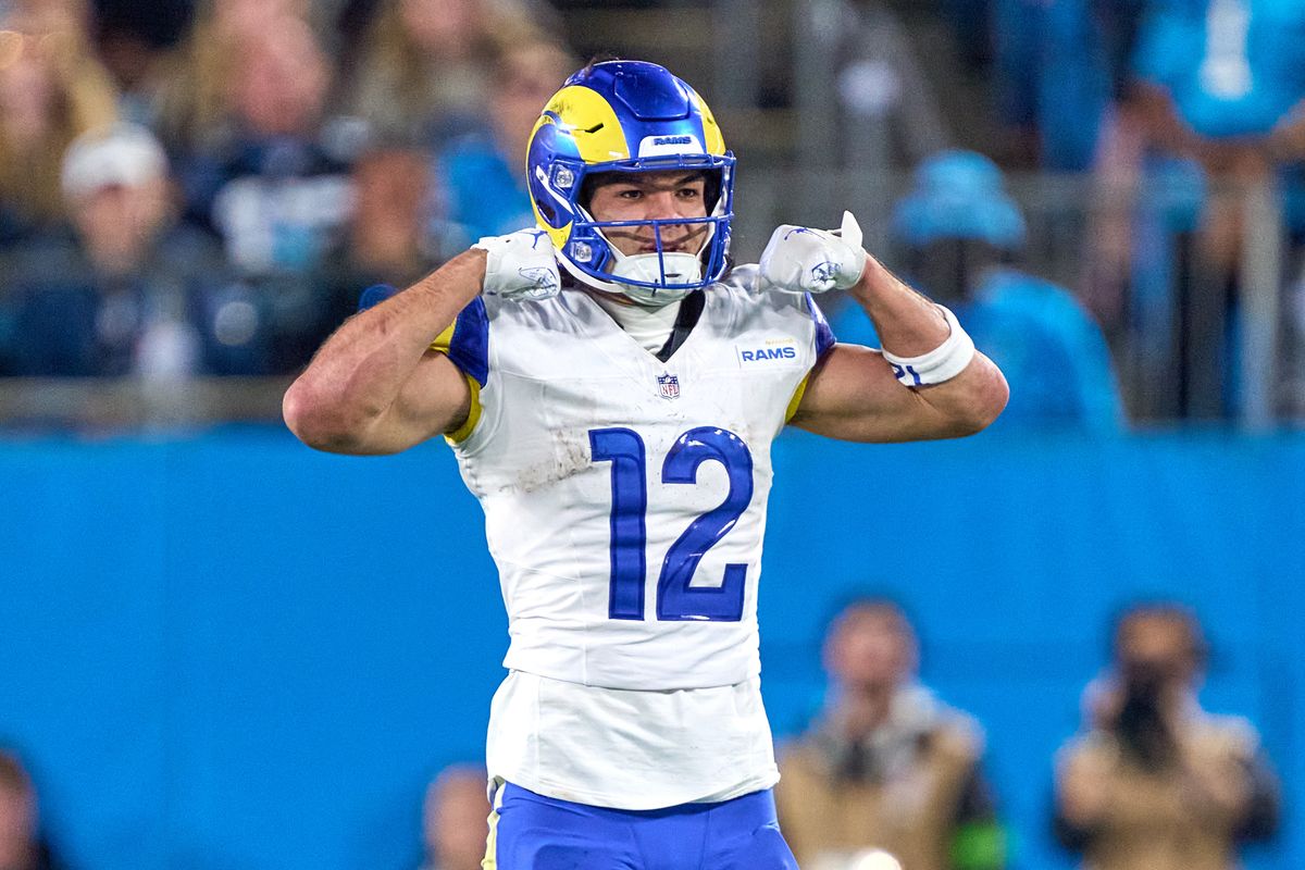 Los Angeles Rams wide receiver Puka Nacua #12 flexes after a play getting a first down during an NFL Wildcard football game against the Carolina Panthers, on Saturday, January 10, 2026 in Charlotte, North Carolina.    