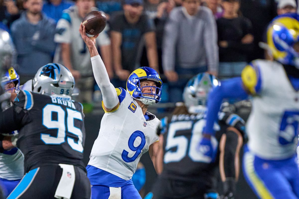 Los Angeles Rams quarterback Matthew Stafford #9 throws the football during an NFL Wildcard football game against the Carolina Panthers, on Saturday, January 10, 2026 in Charlotte, North Carolina.      