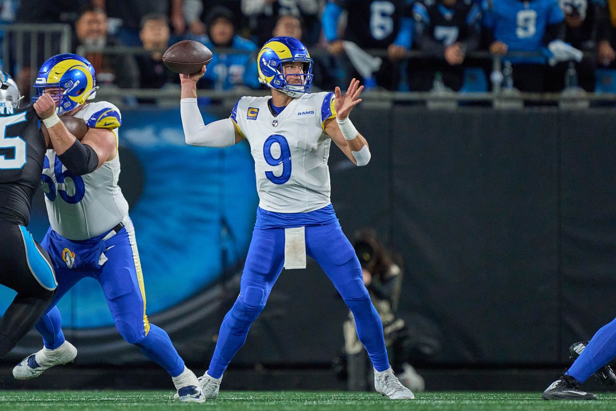 Los Angeles Rams quarterback Matthew Stafford #9 throws the football during an NFL Wildcard football game against the Carolina Panthers, on Saturday, January 10, 2026 in Charlotte, North Carolina.      