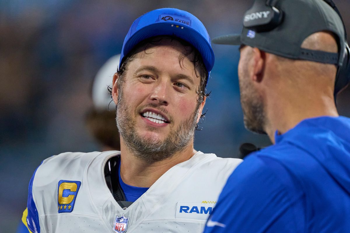 Los Angeles Rams quarterback Matthew Stafford #9 looks on during an NFL Wildcard football game against the Carolina Panthers, on Saturday, January 10, 2026 in Charlotte, North Carolina.             