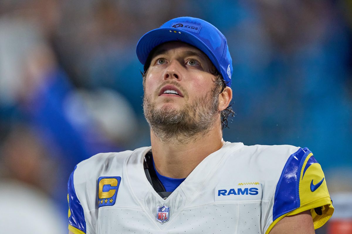 Los Angeles Rams quarterback Matthew Stafford #9 looks on during an NFL Wildcard football game against the Carolina Panthers, on Saturday, January 10, 2026 in Charlotte, North Carolina.             