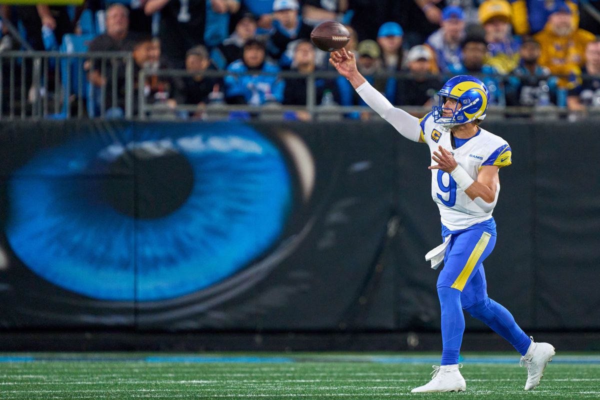 Los Angeles Rams quarterback Matthew Stafford #9 throws the football during an NFL Wildcard football game against the Carolina Panthers, on Saturday, January 10, 2026 in Charlotte, North Carolina.          