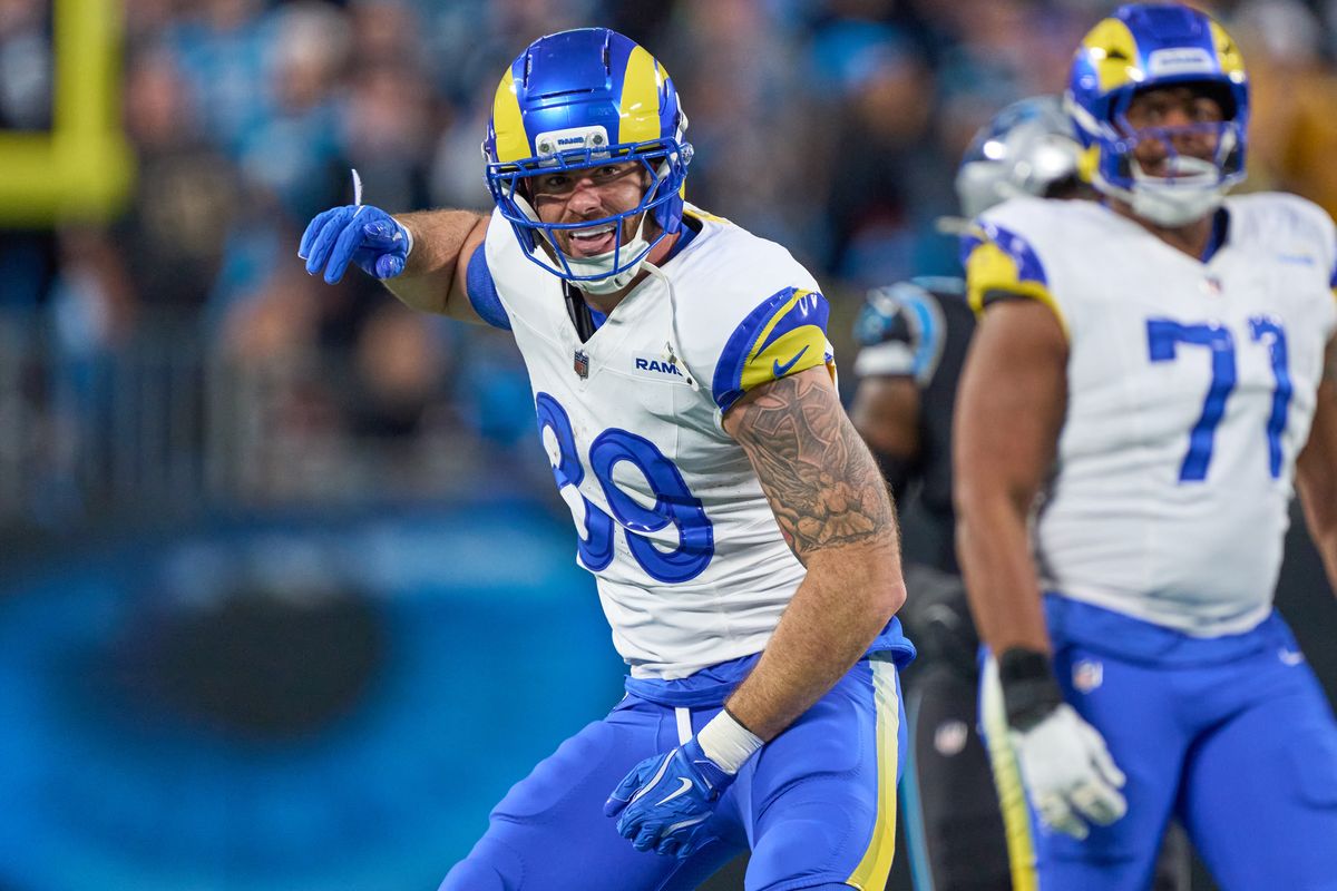 Los Angeles Rams tight end Tyler Higbee #89 points for a first down after a play during an NFL Wildcard football game against the Carolina Panthers, on Saturday, January 10, 2026 in Charlotte, North Carolina.      