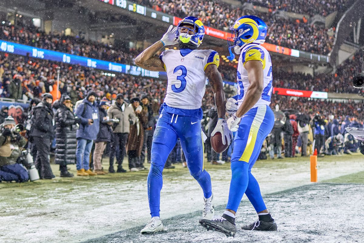 Los Angeles Rams safety Kam Curl #3 celebrates with teammates after making an interception in the fourth quarter during a NFL Divisional football game against the Chicago Bears, on Sunday, January 18, 2026 in Chicago, Illinois.  