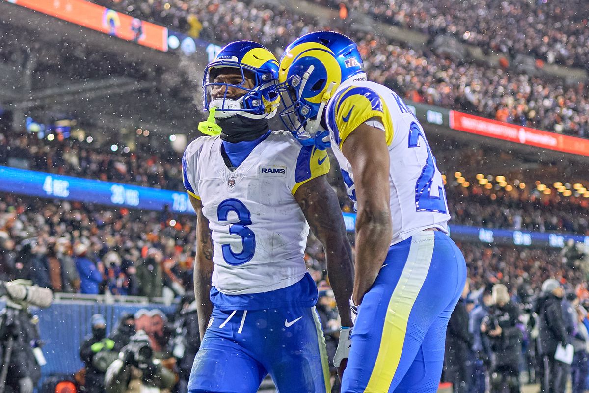 Los Angeles Rams safety Kam Curl #3 celebrates with teammates after making an interception in the fourth quarter during a NFL Divisional football game against the Chicago Bears, on Sunday, January 18, 2026 in Chicago, Illinois.  