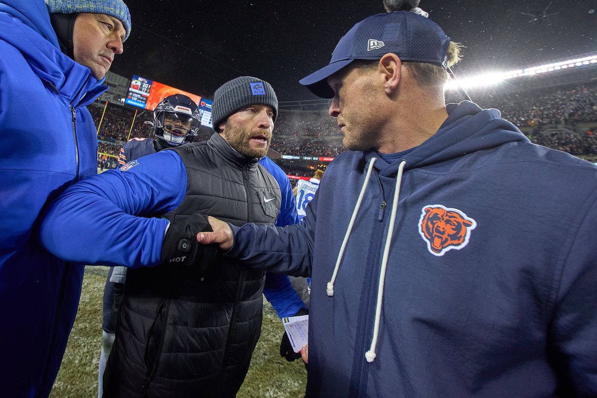 Los Angeles Rams head coach Sean McVay and Chicago Bears head coach Ben Johnson shake hands after an NFL Divisional football game against the Chicago Bears, on Sunday, January 18, 2026 in Chicago, Illinois.        