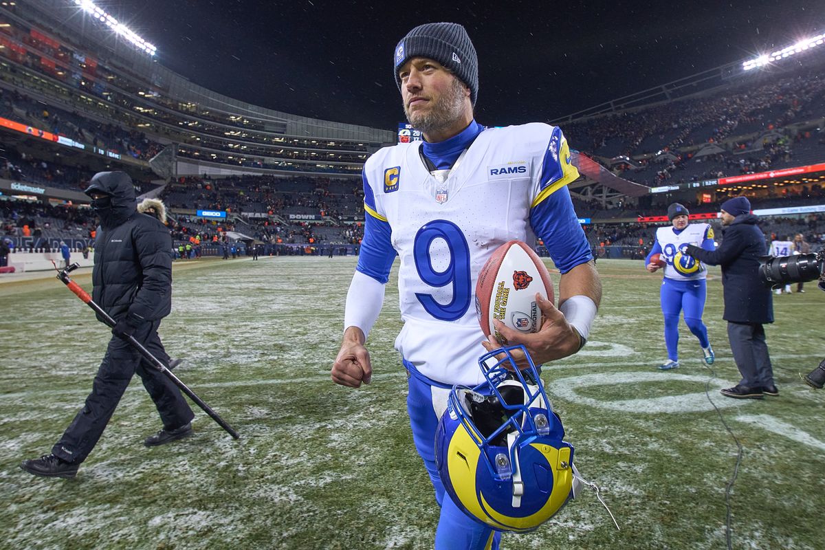 Los Angeles Rams quarterback Matthew Stafford #9 looks on after a NFL Divisional football game against the Chicago Bears, on Sunday, January 18, 2026 in Chicago, Illinois.                              