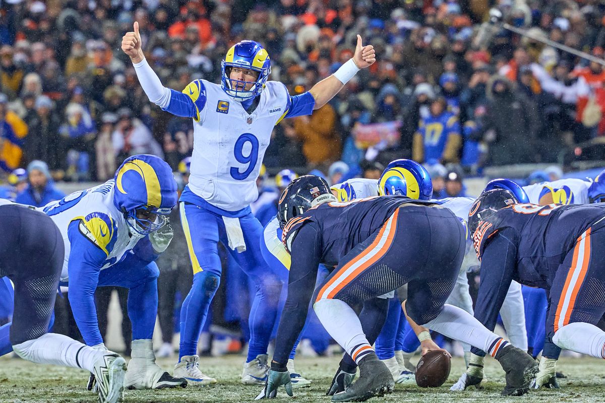 Los Angeles Rams quarterback Matthew Stafford #9 signals for a play during an NFL Divisional football game against the Chicago Bears, on Sunday, January 18, 2026 in Chicago, Illinois.    