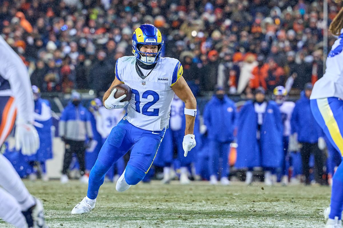 Los Angeles Rams wide receiver Puka Nacua #12 runs with the football during an NFL Divisional football game against the Carolina Panthers, on Saturday, January 10, 2026 in Charlotte, North Carolina.             
