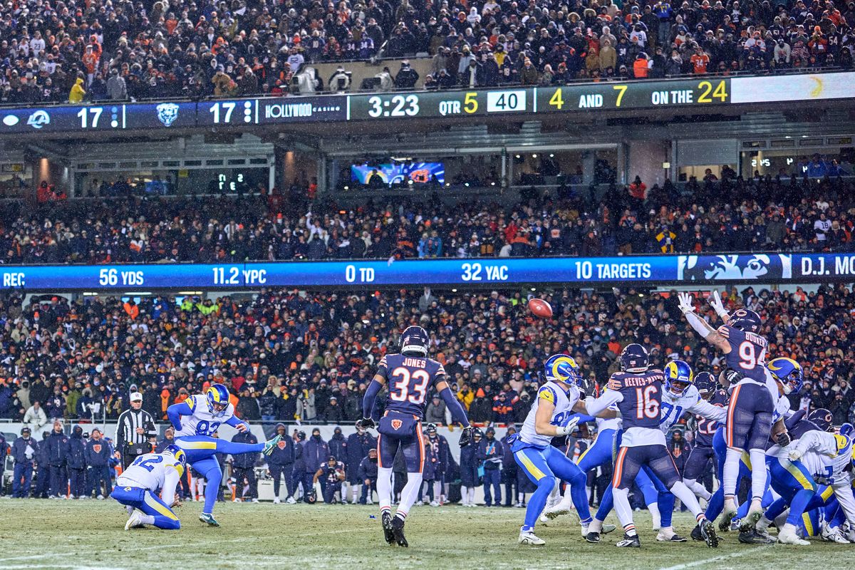 Los Angeles Rams place kicker Harrison Mevis #92 celebrates kicking the winning field goal in overtime after an NFL Divisional football game against the Chicago Bears, on Sunday, January 18, 2026 in Chicago, Illinois.                              