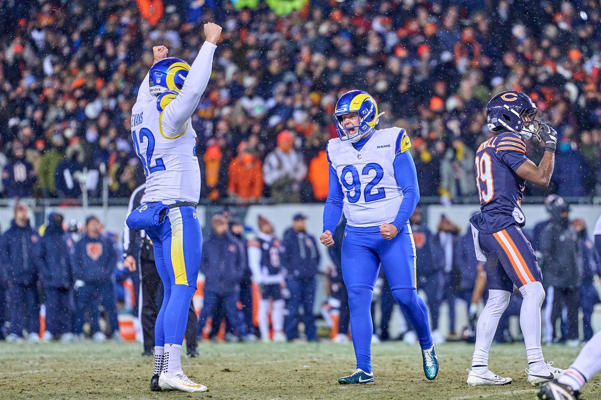 Los Angeles Rams place kicker Harrison Mevis #92 celebrates kicking the winning field goal in overtime after an NFL Divisional football game against the Chicago Bears, on Sunday, January 18, 2026 in Chicago, Illinois.     