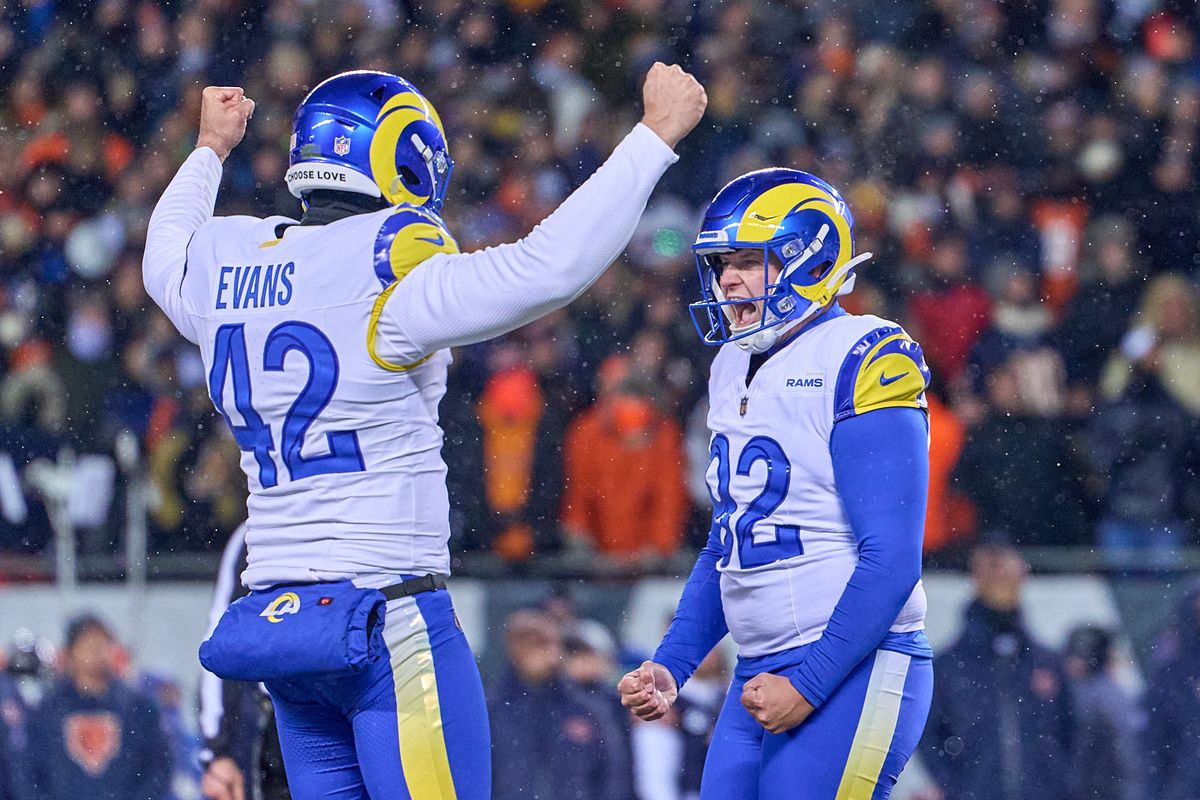 Los Angeles Rams place kicker Harrison Mevis #92 celebrates kicking the winning field goal in overtime after an NFL Divisional football game against the Chicago Bears, on Sunday, January 18, 2026 in Chicago, Illinois.     