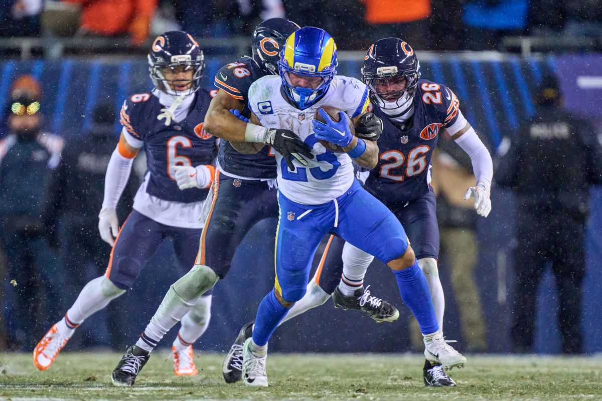 Los Angeles Rams running back Kyren Williams #23 runs with the football during an NFL Divisional football game against the Chicago Bears, on Sunday, January 18, 2026 in Chicago, Illinois.                              