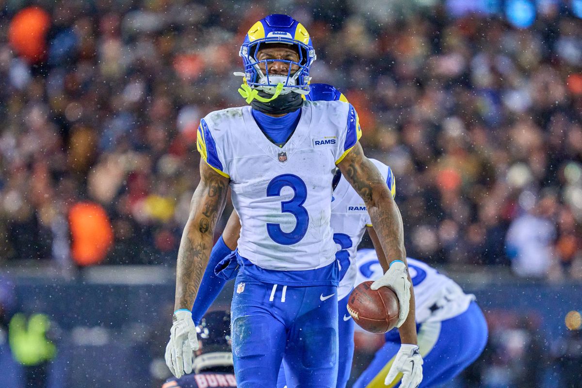 Los Angeles Rams safety Kam Curl #3 celebrates with teammates after making an interception during an NFL Divisional football game against the Chicago Bears, on Sunday, January 18, 2026 in Chicago, Illinois.  