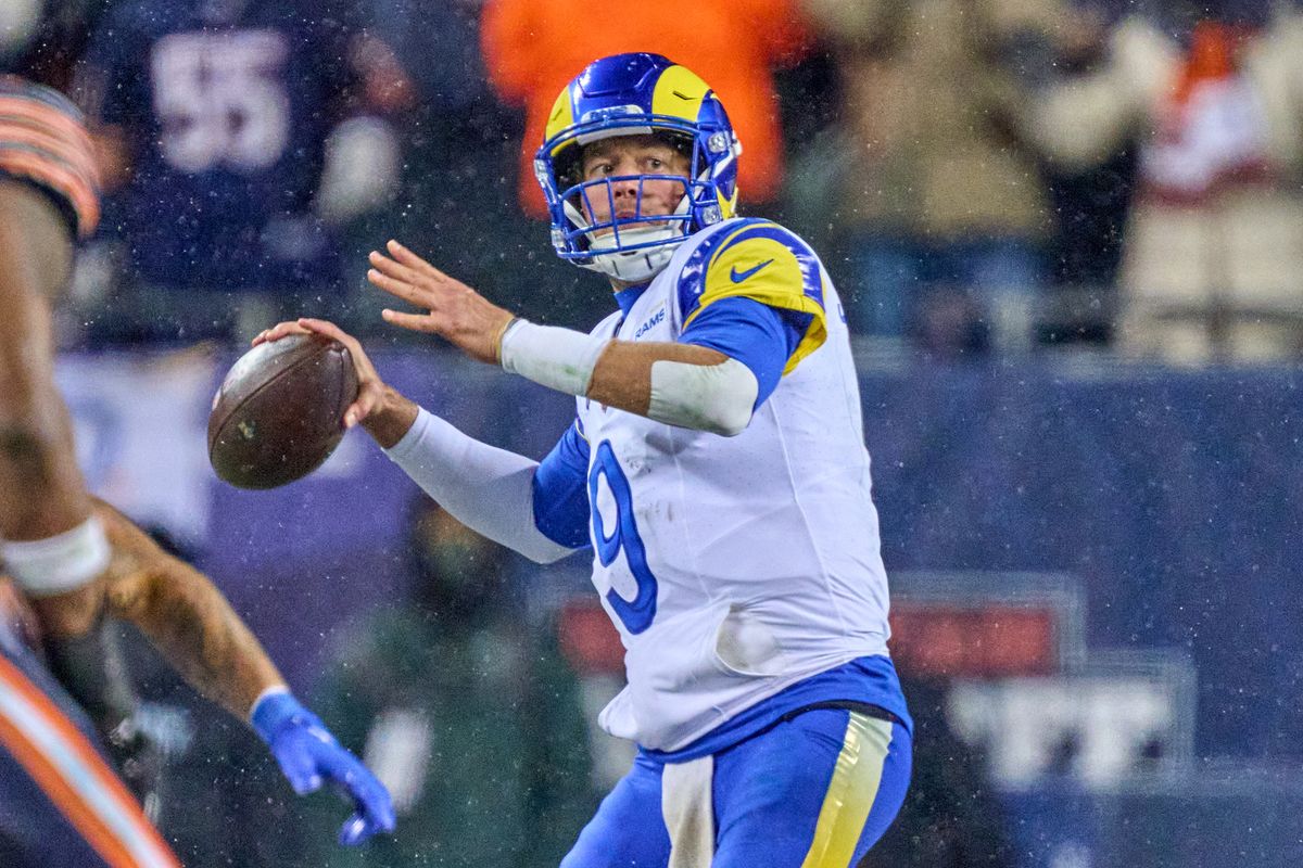 Los Angeles Rams quarterback Matthew Stafford #9 throws the football during an NFL Divisional football game against the Chicago Bears, on Sunday, January 18, 2026 in Chicago, Illinois.                   