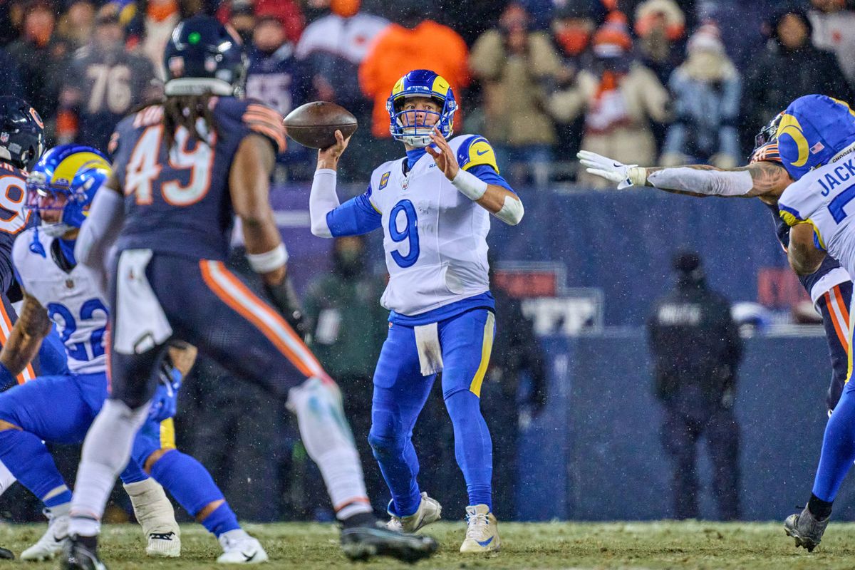 Los Angeles Rams quarterback Matthew Stafford #9 throws the football during an NFL Divisional football game against the Chicago Bears, on Sunday, January 18, 2026 in Chicago, Illinois.                   